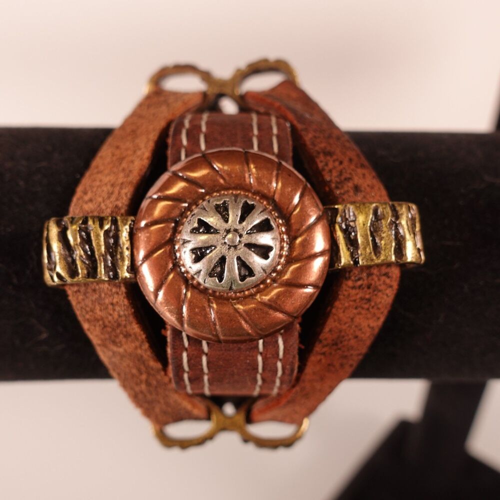 Vintage Leatherock Brass Copper Leather Bracelet Snaps Marked Leatherock LR USA